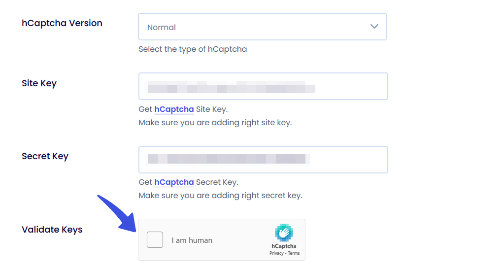 hCaptcha keys validation