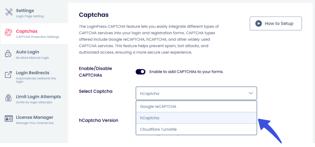 Select hCAPTCHA option