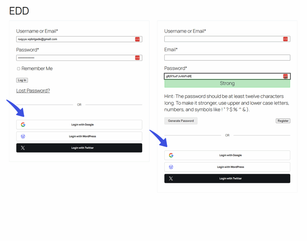 Social Login on Easy Digital Downloads(EDD) Forms Frontend.
