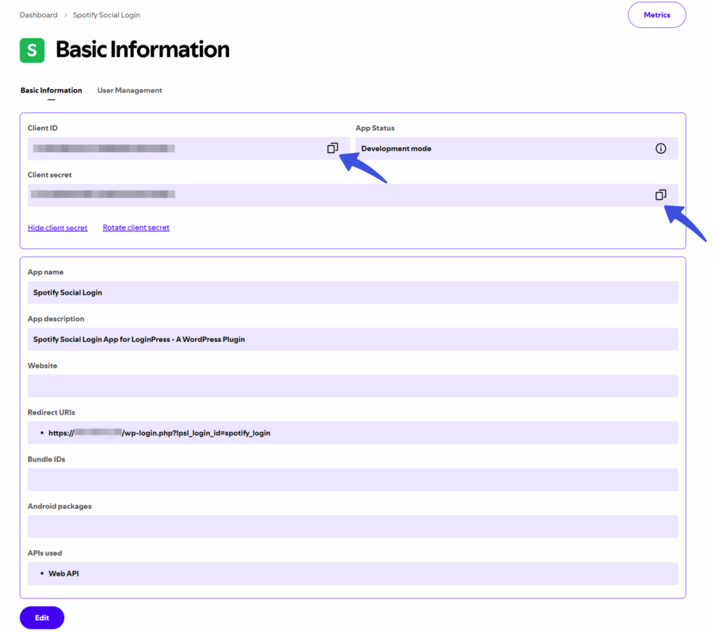 Spotify Client ID and Client Secret