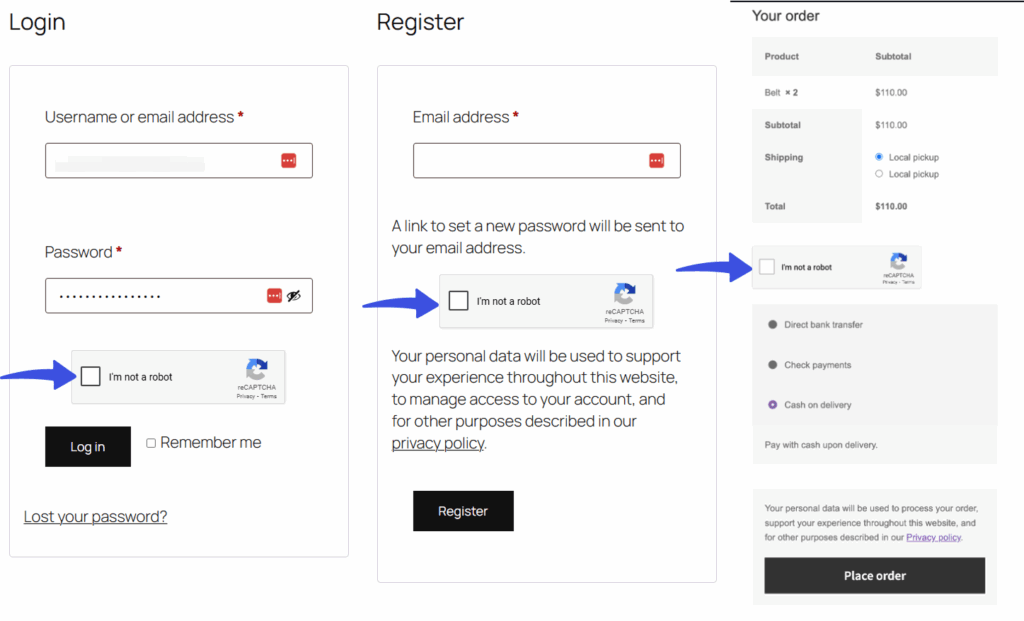 Captcha on WooCommerce Login, Register and Checkout Forms