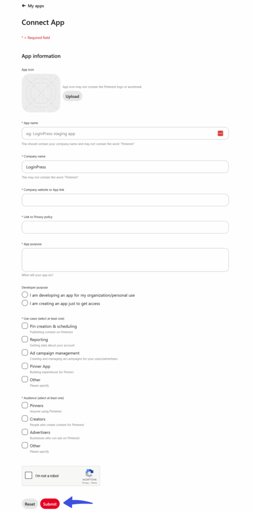 Create Pintrest APP on LoginPress
