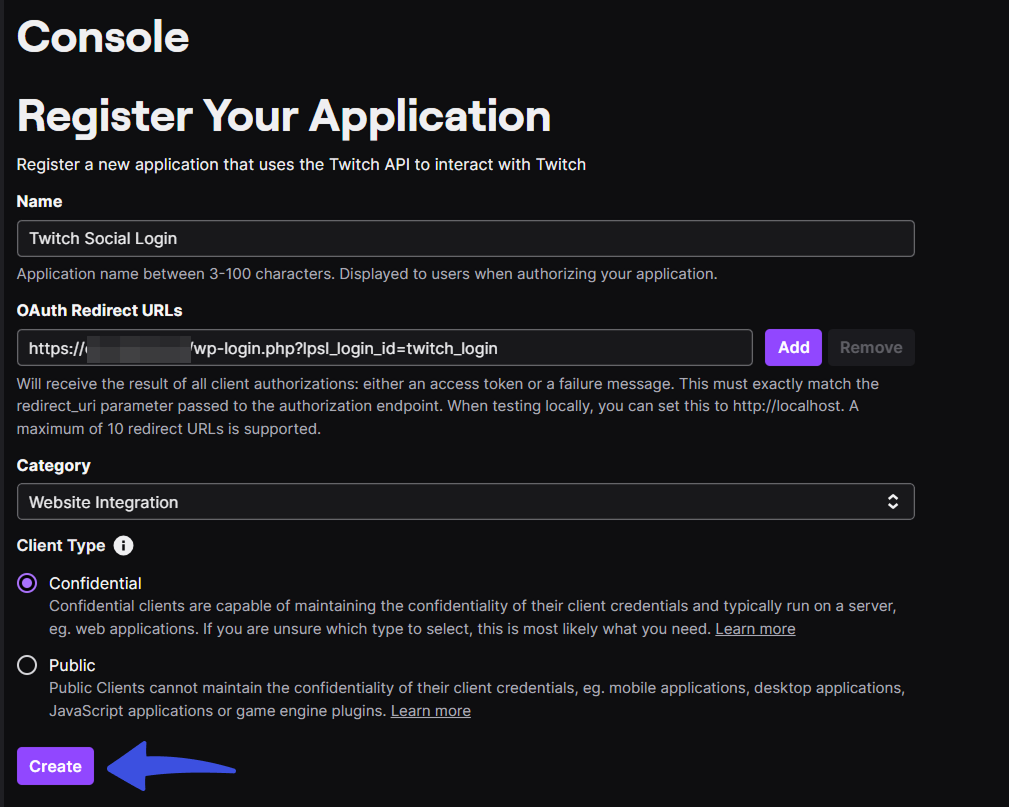 
Create Twitch App