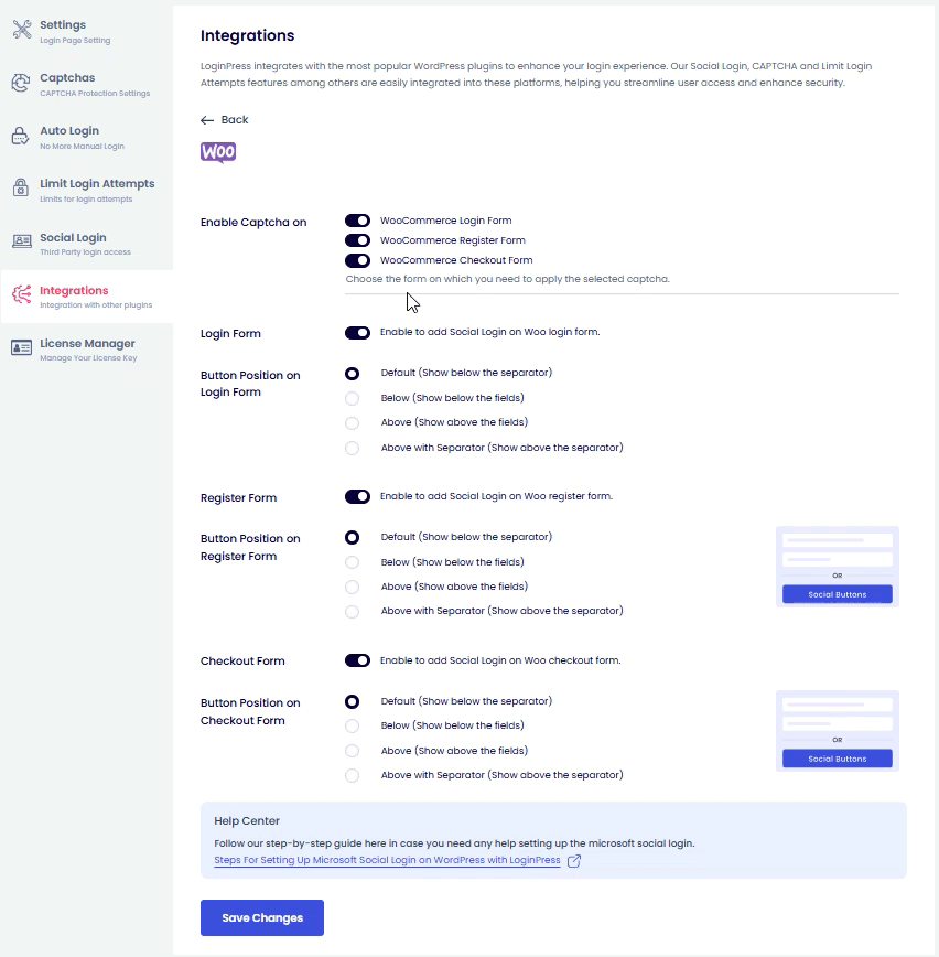 live preview of loginpress integrations settings Settings Panel for LoginPress Integrations