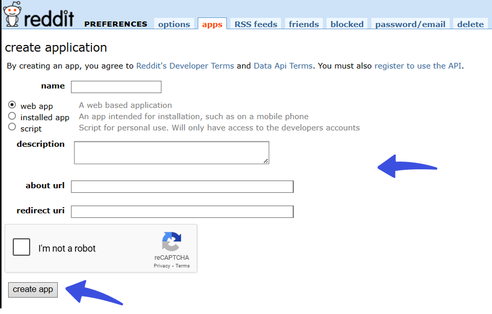 Add Reddit App Details
