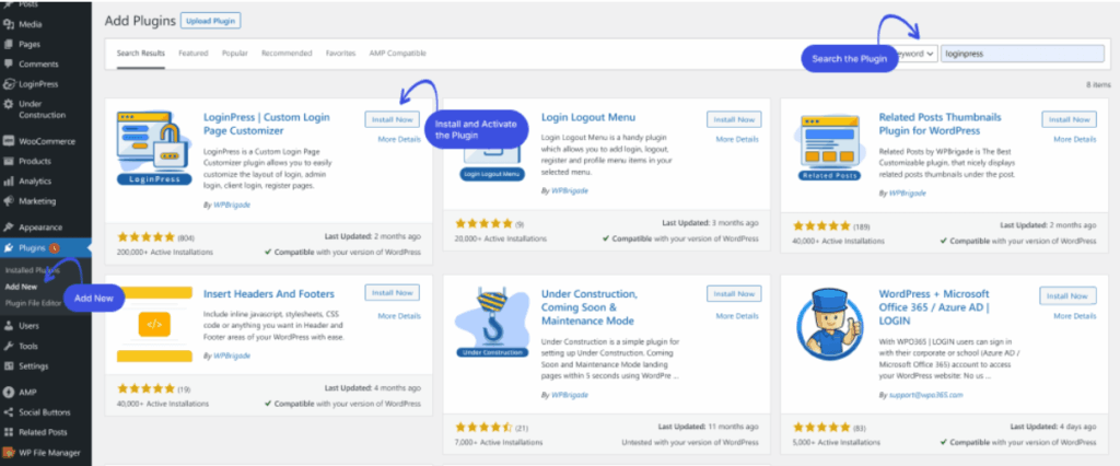 Install LoginPress Plugin.png WordPress plugins dashboard