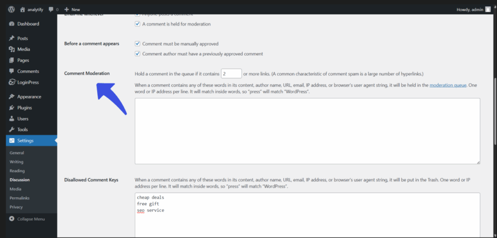 Navigate to Comment Moderation.png Comment Moderation Setting