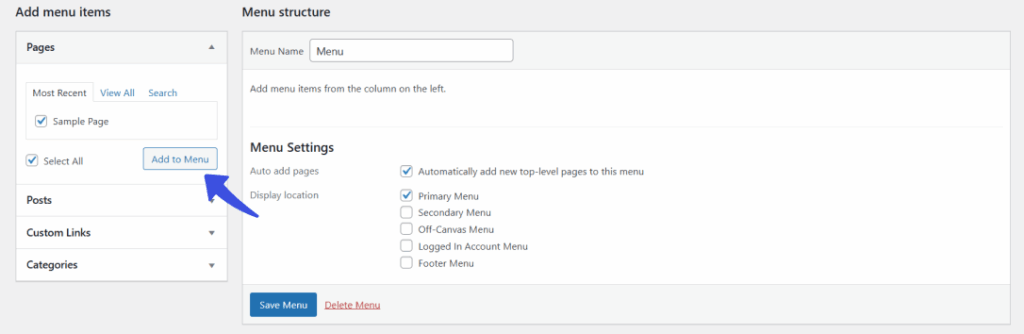 Add to menu button to apply the menu items to the menu