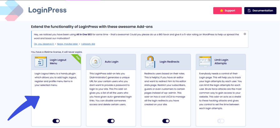 LoginPress addons option to add login logout menu to your custom wordpress menu