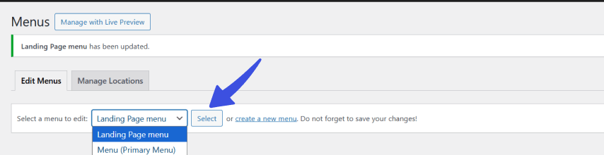 Select menu to edit in menus option