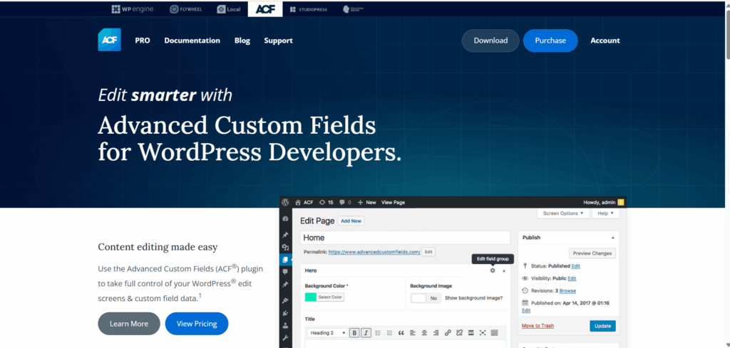 acf This image shows the advanced custom fields wordpress plugin's official website landing page