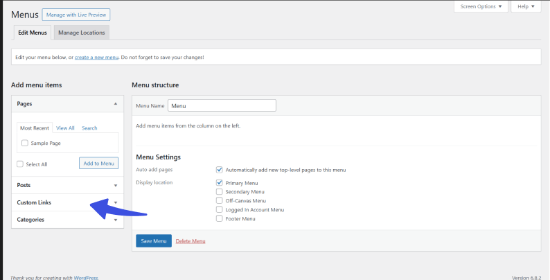 Add custom links to wordpress custom menu