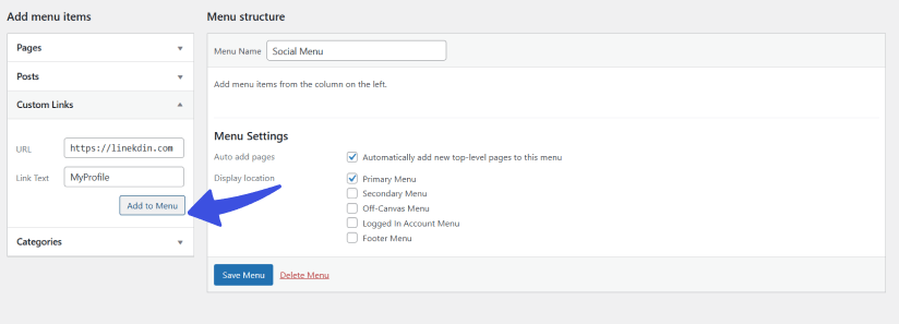 Add custom links to wordpress custom menu