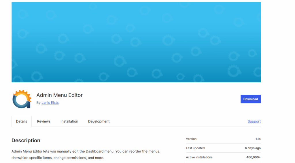 This is an image of the plugin information about admin menu editor plugin in wordpress