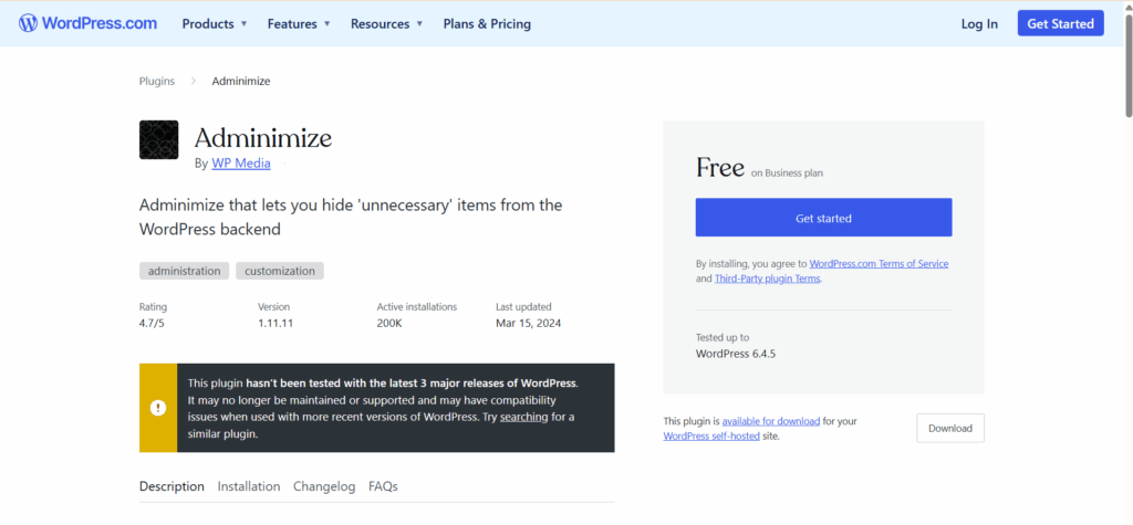 adminimize This image shows the adminimize wordpress plugin's official website landing page