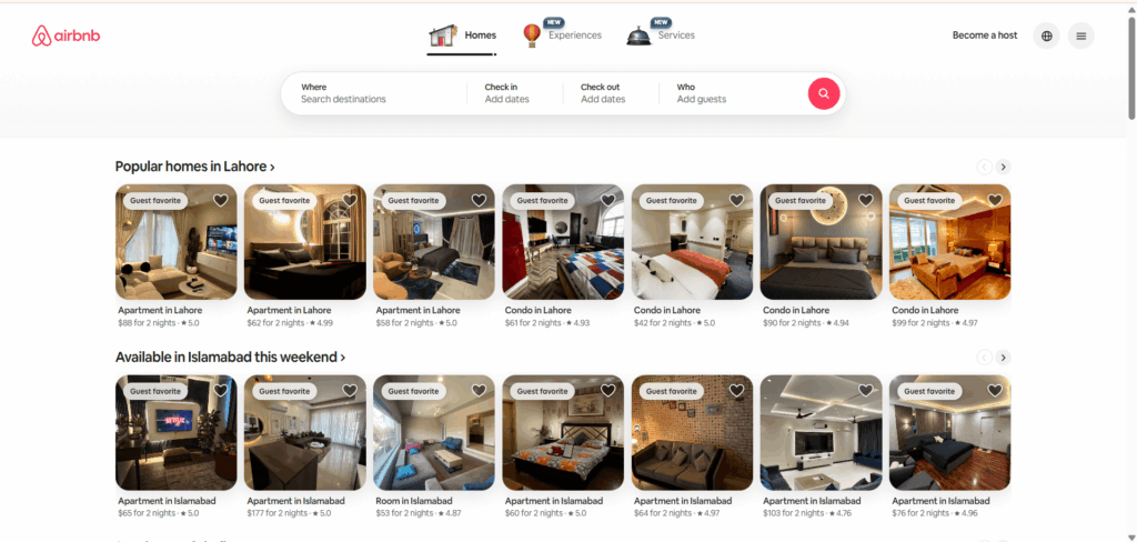 Screenshot showing airbnb's official website with hotel rooms images