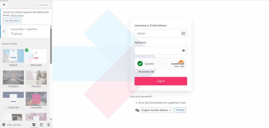 This image shows many templates option to customize login form in loginpress plugin customizer