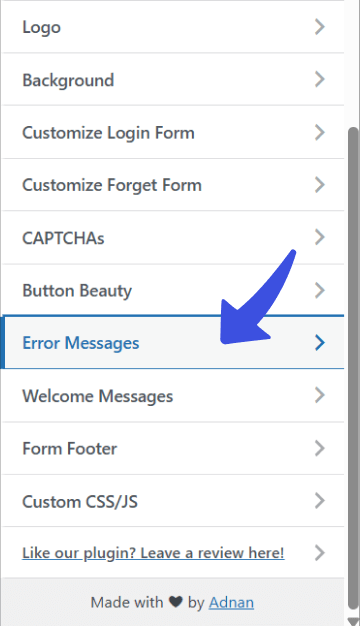Error messages feature in loginpress 