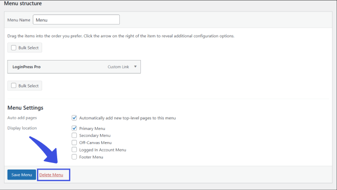 Delete wordpress custom menu red link