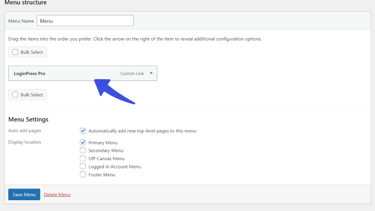 Drag and position wordpress custom menu 