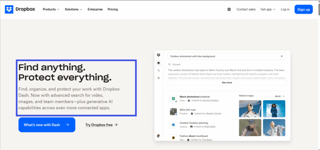 Dropbox official website's landing page showing written content highlighted
