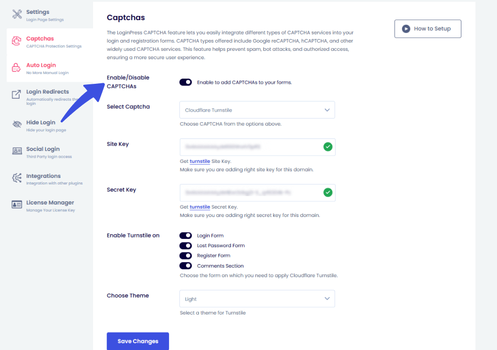 enable recaptcha 2 This image shows the "enable recaptcha" settings in wordpress loginpress plugin for best wordpress customization plugin