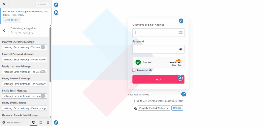 This image shows loginpress plugin's custom error messages feature to show error messages