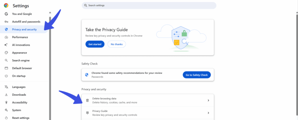 Google clear cache and cookies setting 