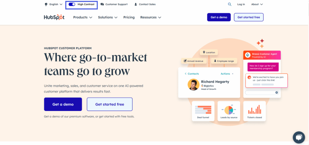 This image shows hubspot's official website's landing page in blue contrast