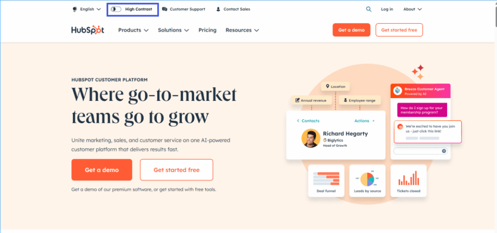 An image of hubspot's official website's landing page in orange contrast