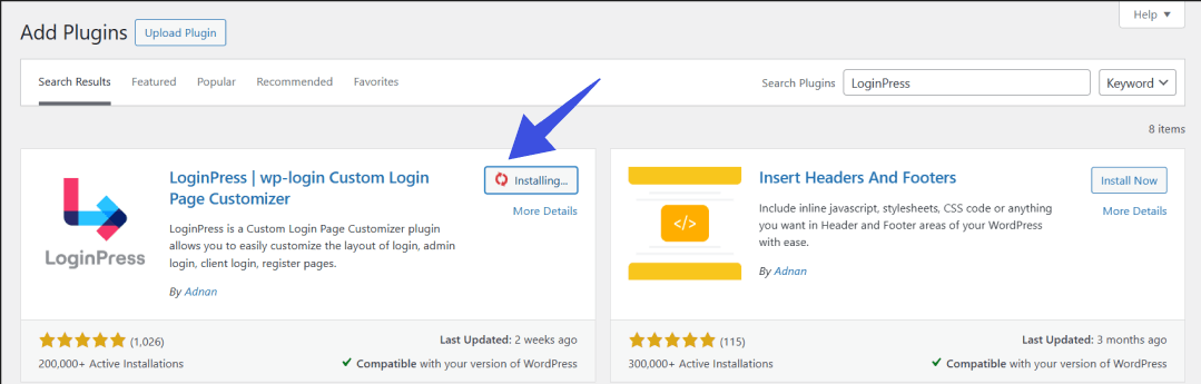 Wordpress plugin installation dashboard