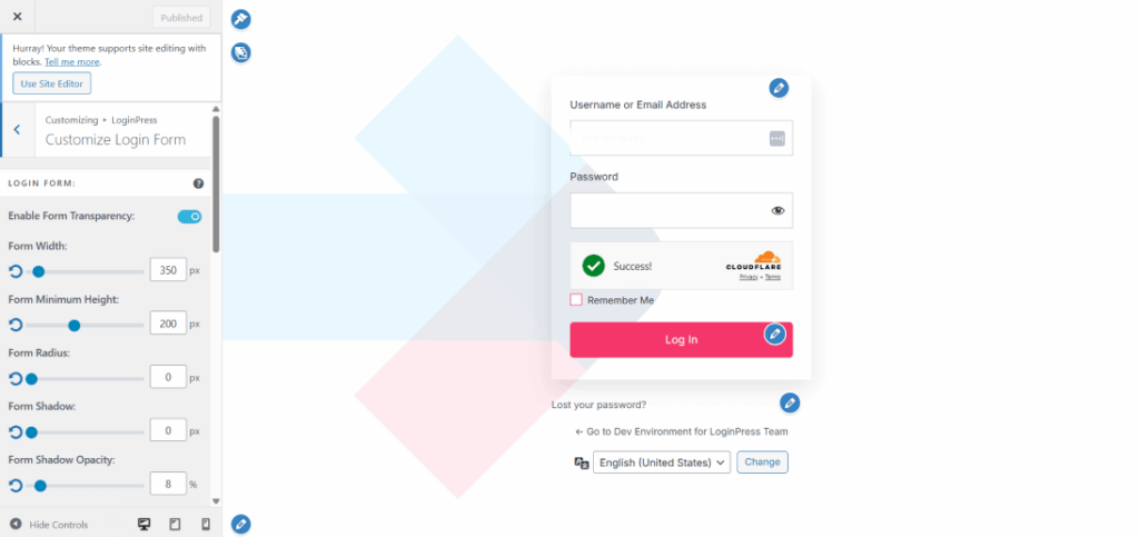 This image shows loginpress customizer options to edit login form