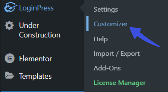 This image shows the user navigating to loginpress settings of customizer to customize login form