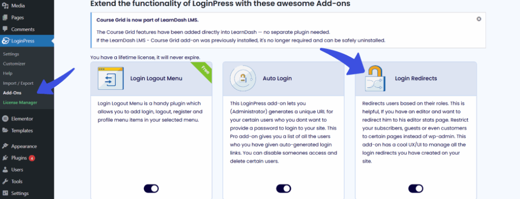 Loginpress addon called login redirects