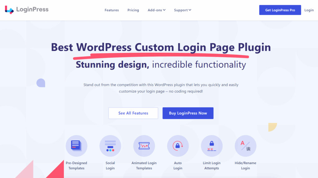 loginpress landing page 1 This image is a screenshot of the landing page of one of the best wordpress customization plugins, loginpress's landing page