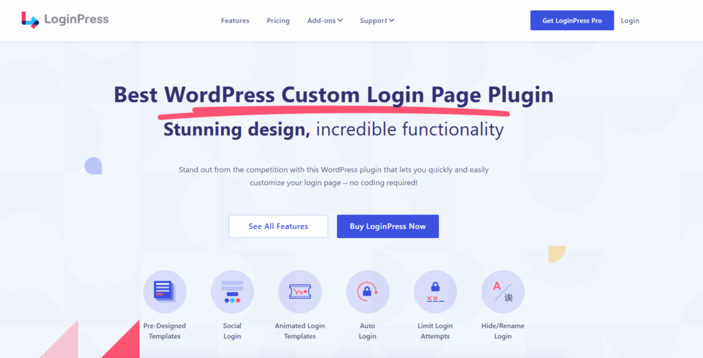 Screenshot of the LoginPress landing page on the official site for landing page best practices
