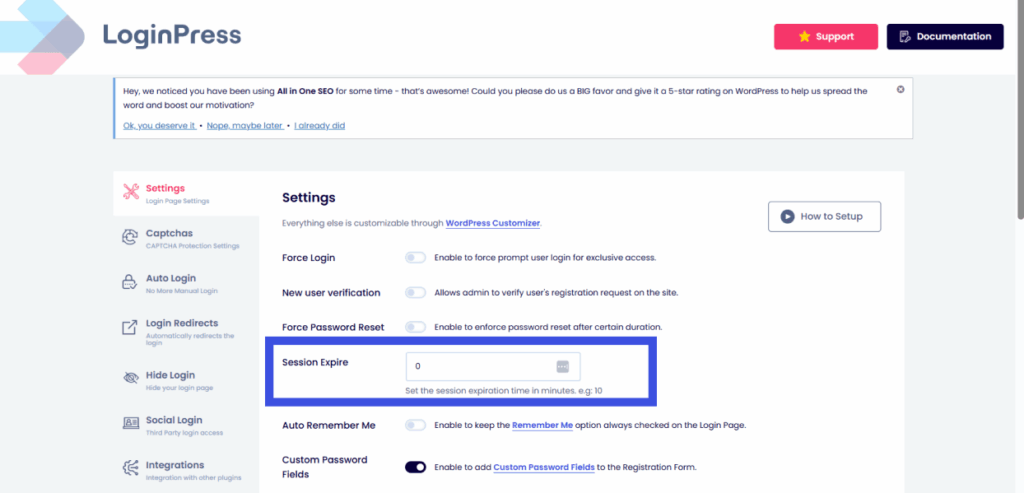 loginpress session expire option This image shows the "Session expire" settings in wordpress loginpress plugin for best wordpress customization plugin