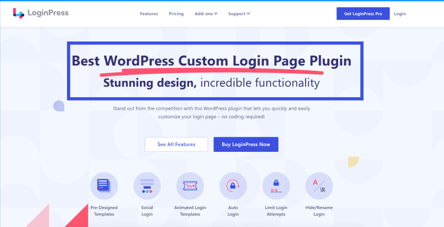 Image of loginpress plugin official website landing page bold headline as landing page best practices