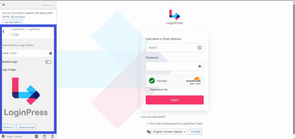 logo change option This image highlights the option in loginpress customizer to customize the logo