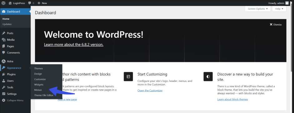 Navigate to wordpress menus option