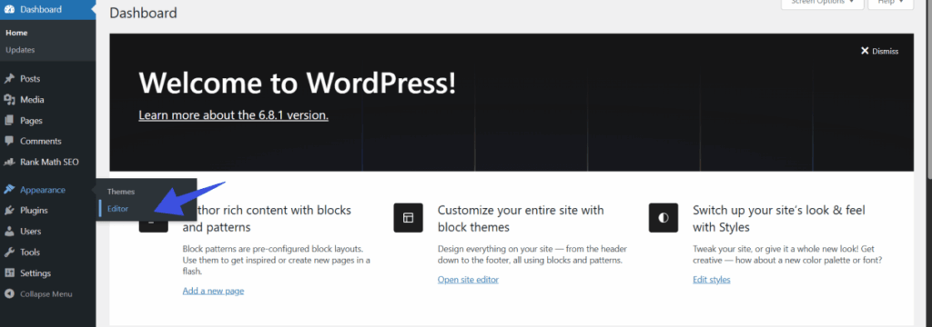Navigate to editor option on wordpress dashboard