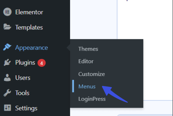 Navigate to menus option in appearance