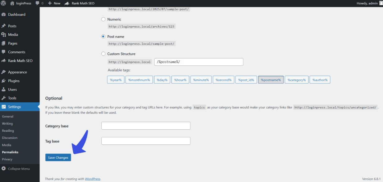 Save changes in wordpress setting
