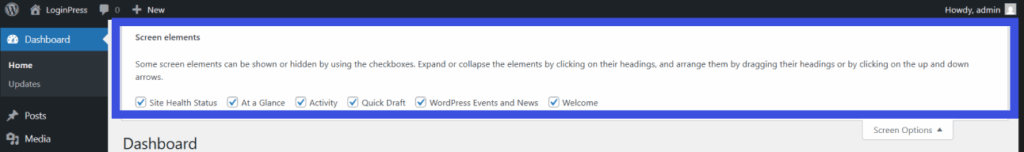 This image shows wordpress admin dashboard with highlighted screen options to uncheck widgets