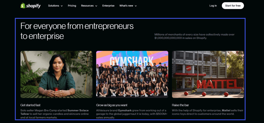 This image shows shopify official website landing page highlighting customer testimonials