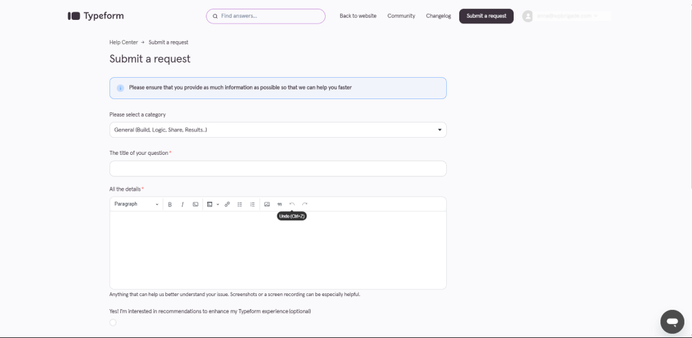 This image shows typeform's official website's landing page showing creation of forms