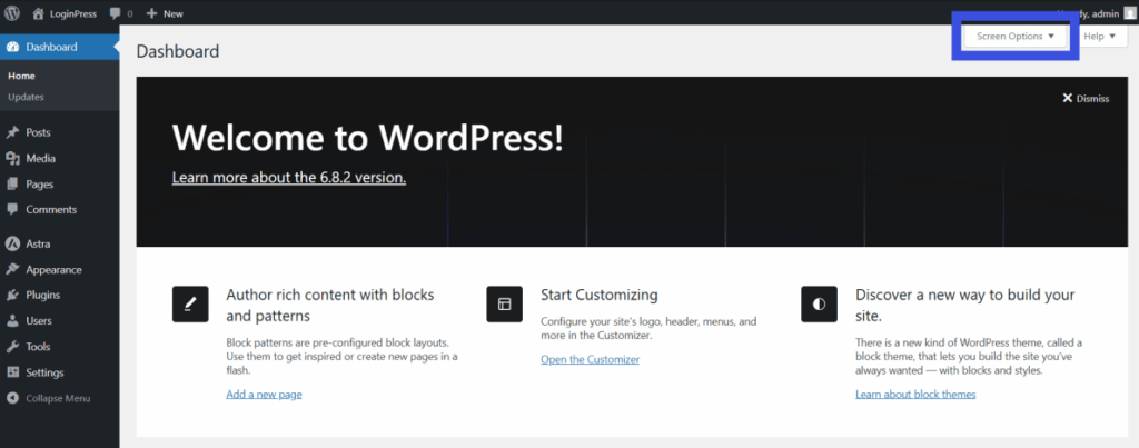 This image shows wordpress admin dashboard with highlighted screen options 