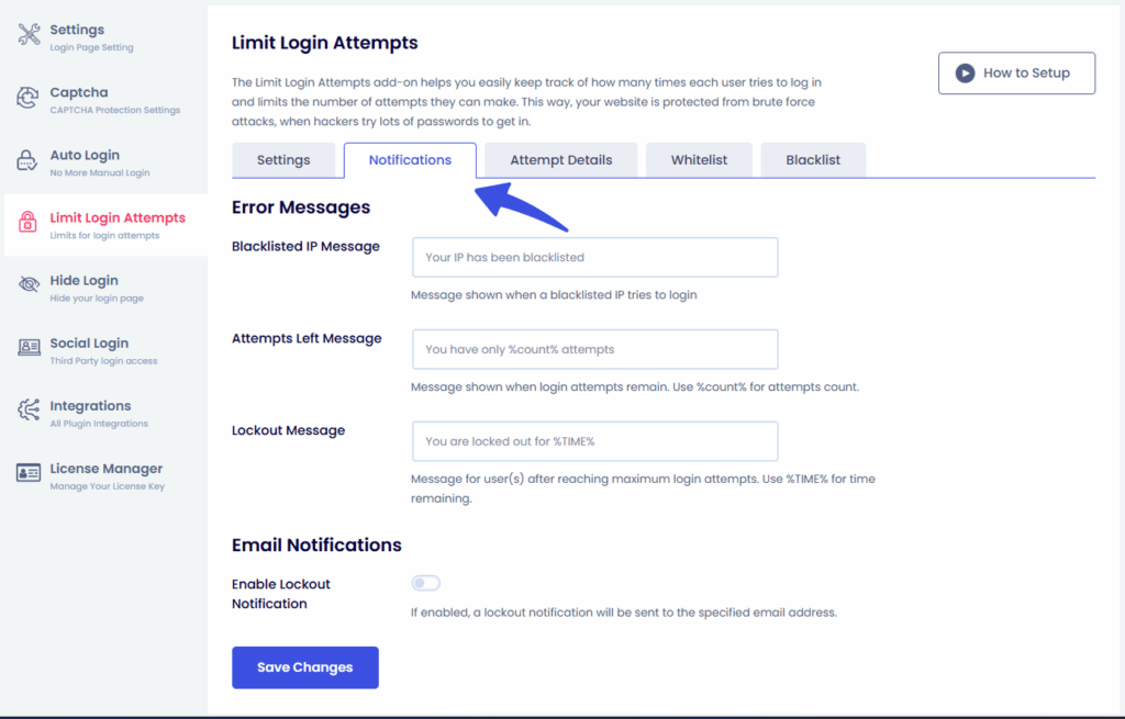 Limit Login Attempts Notifications Tab