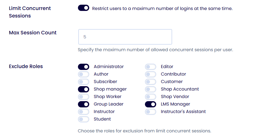 Limit Concurrent Logins Settings
