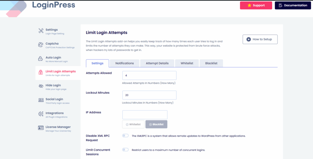 limit login attempts Loginpress security settings to limit login attempts